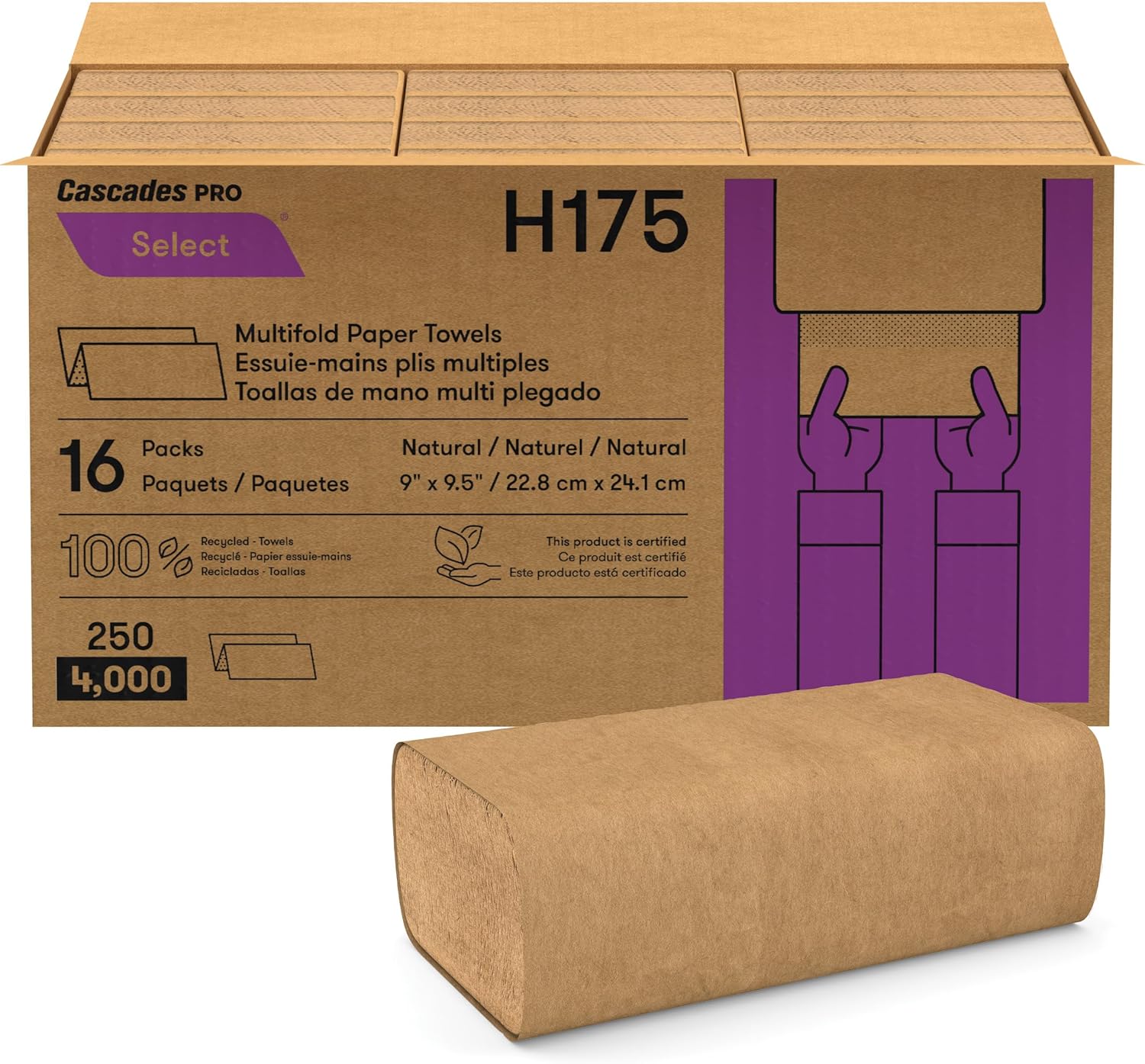 Cascades PRO Select Multifold Hand Towel, 1-Ply, Natural, 250 sheets, 16 packs